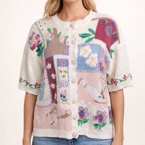 P Galli NWT Women’s Size M White Garden Cardigan Sweater Floral Seed Birdhouse